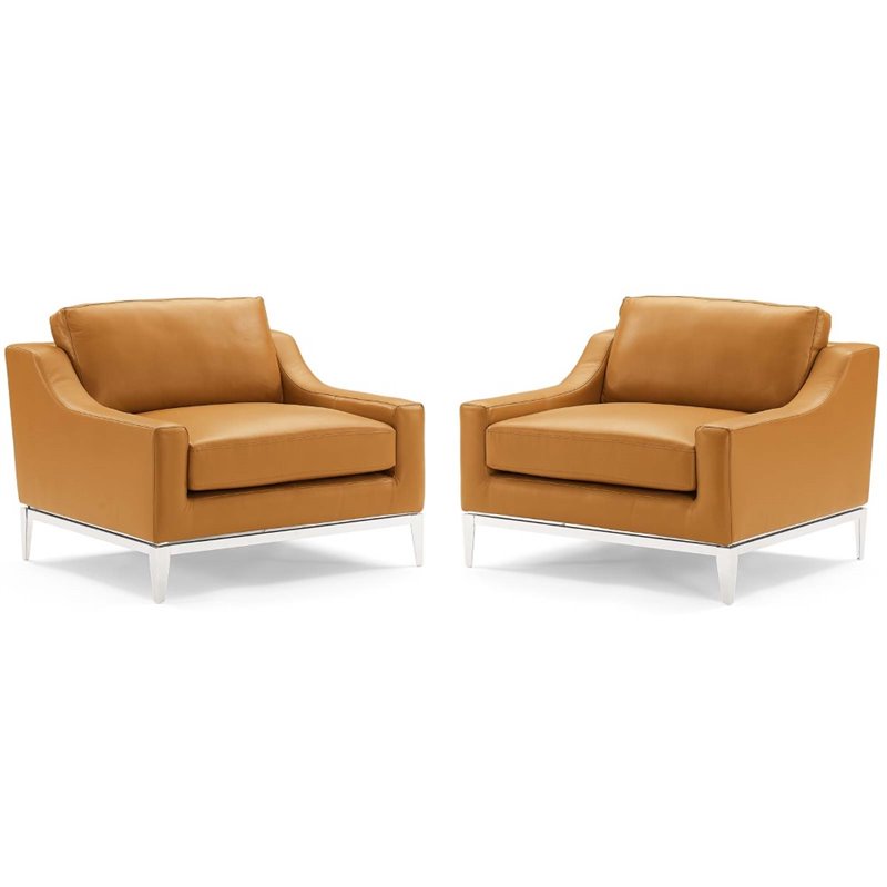 Maklaine Stainless Steel & Leather Arm Chair in Tan (Set of 2)