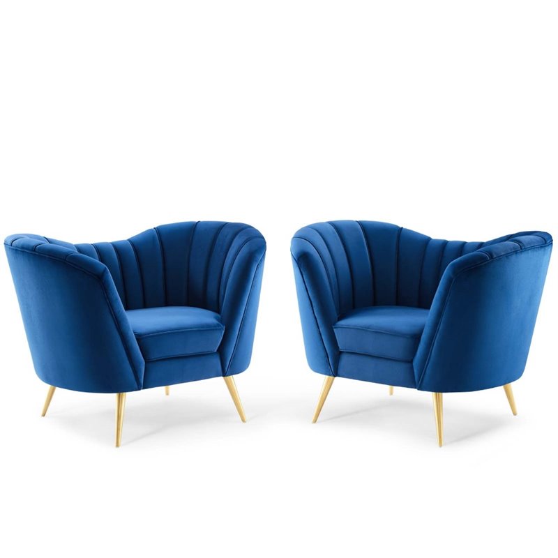 Maklaine Contemporary Velvet Armchair Set in Gold/Navy (Set of 2)