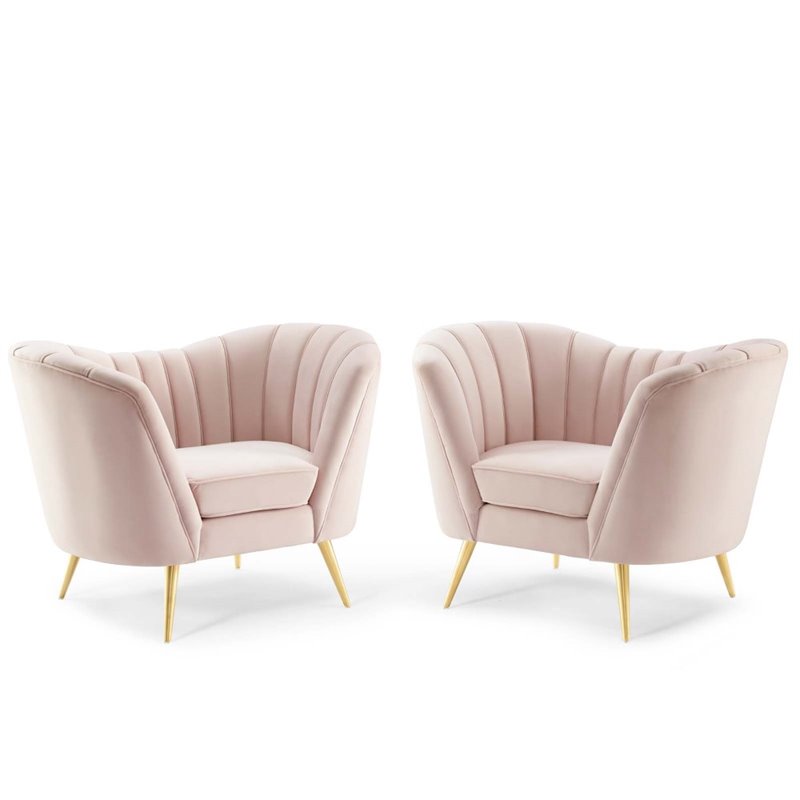 Maklaine Contemporary Velvet Armchair Set in Gold/Pink (Set of 2)