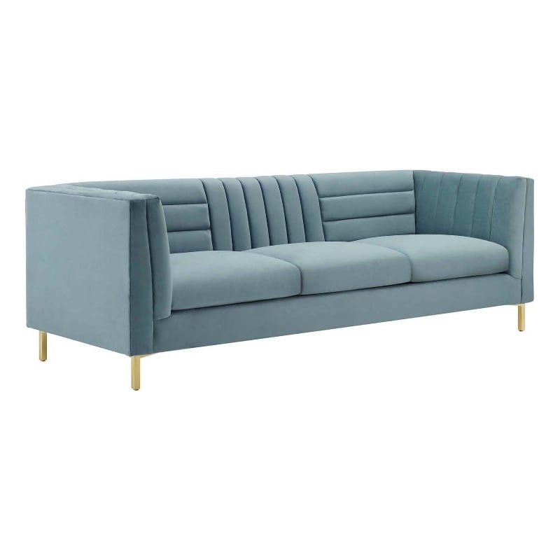 Maklaine Channel Tufted Performance Velvet Sofa in Light Blue