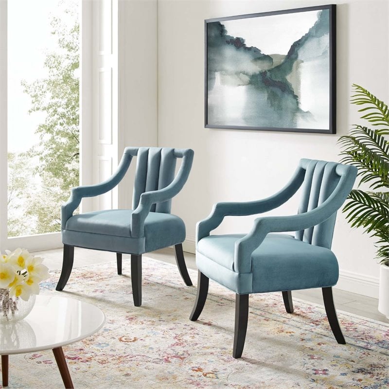 Maklaine Performance Velvet Accent Arm Chair in Light Blue (Set of 2)