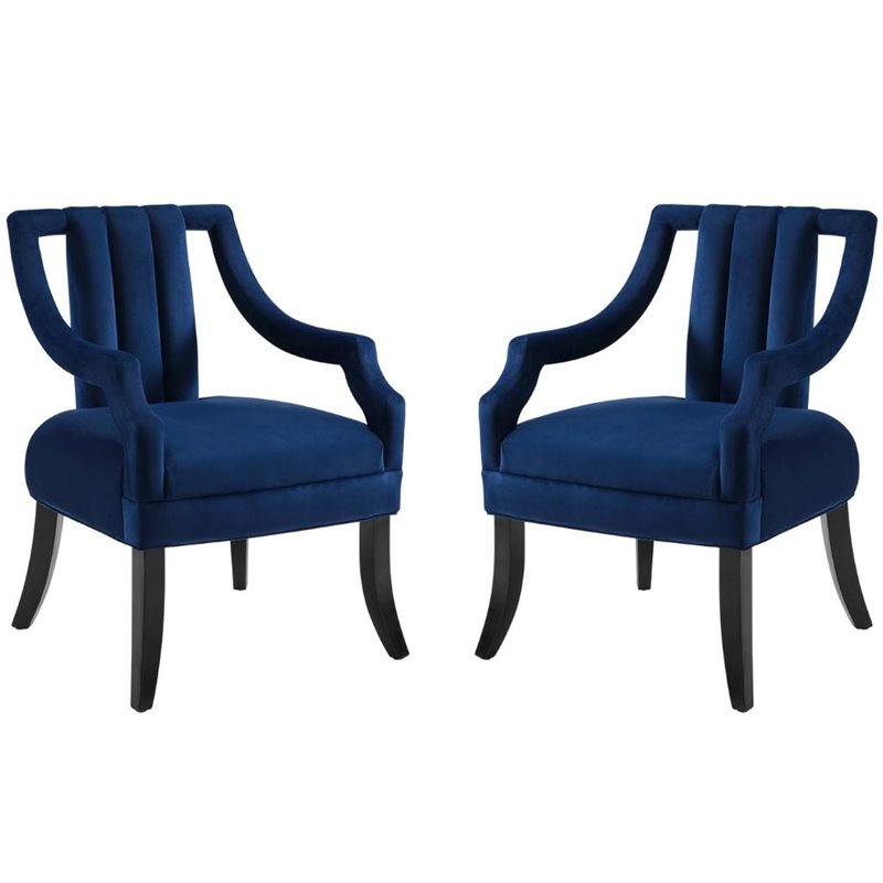 Maklaine Performance Velvet Upholstered Accent Arm Chair in Navy (Set of 2)