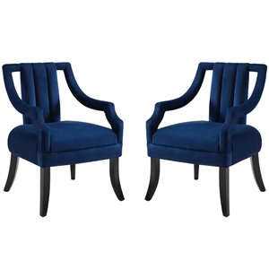Maklaine Performance Velvet Upholstered Accent Arm Chair in Navy (Set of 2)