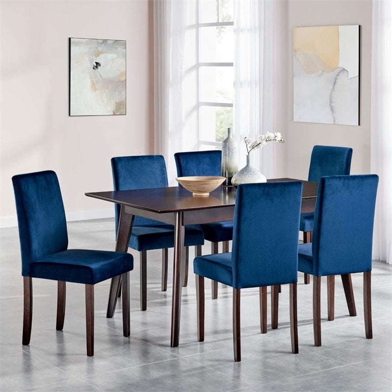 Maklaine 7 Piece Upholstered Velvet Dining Set in Cappuccino Navy