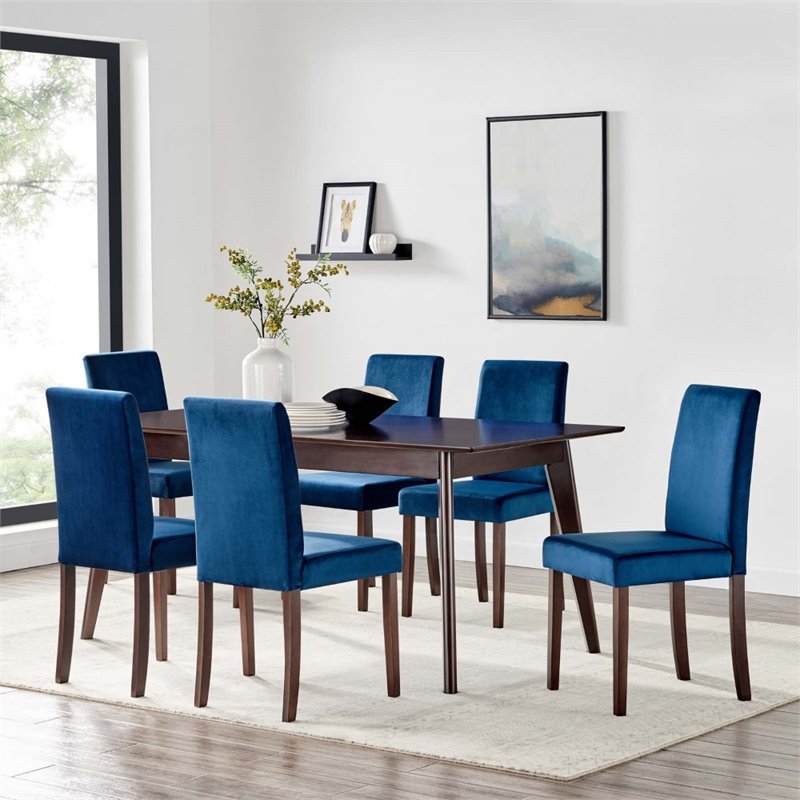 Maklaine 7 Piece Upholstered Velvet Dining Set in Cappuccino Navy