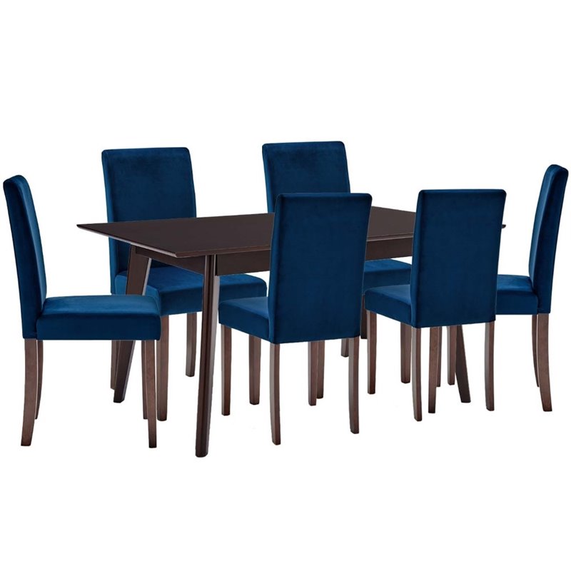 Maklaine 7 Piece Upholstered Velvet Dining Set in Cappuccino Navy