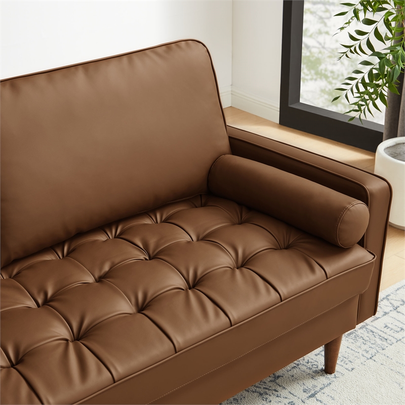 Maklaine Contemporary Upholstered Tufted Vegan Leather Sofa in Brown