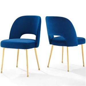 Maklaine 19.5&quot Modern Velvet Dining Side Chair in Gold/Navy (Set of 2)
