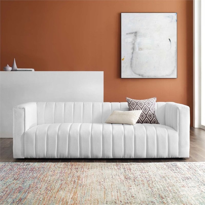 Maklaine Contemporary Channel Tufted Upholstered Fabric Sofa in White