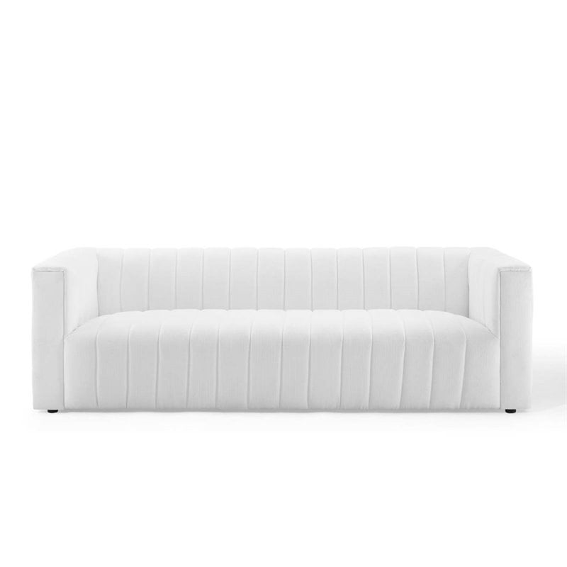 Maklaine Contemporary Channel Tufted Upholstered Fabric Sofa in White