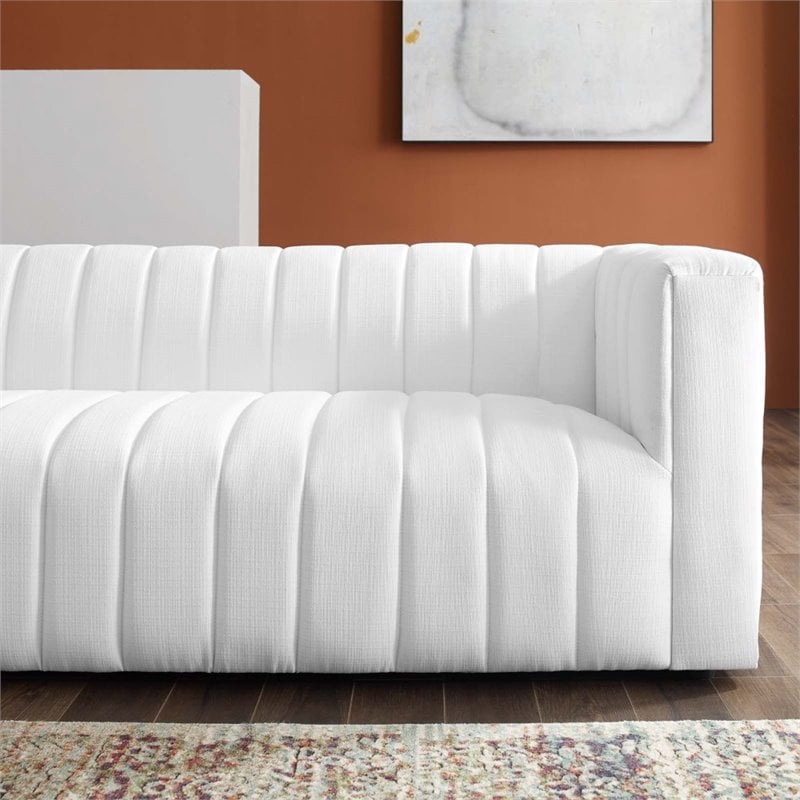 Maklaine Contemporary Channel Tufted Upholstered Fabric Sofa in White
