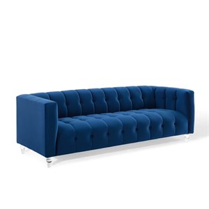 Maklaine Channel Tufted Button Performance Velvet Sofa in Navy