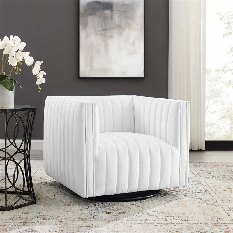 Maklaine Modern Tufted Swivel Fabric Upholstered Armchair in White