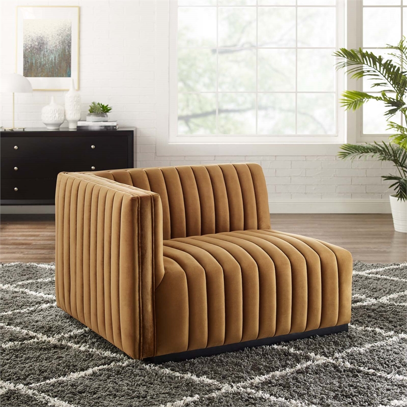 Maklaine Modern Channel Tufted Velvet Left-Arm Chair in Cognac Brown