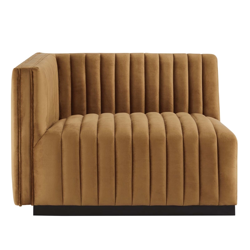 Maklaine Modern Channel Tufted Velvet Left-Arm Chair in Cognac Brown