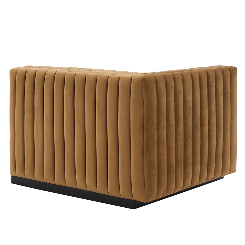 Maklaine Modern Channel Tufted Velvet Left-Arm Chair in Cognac Brown