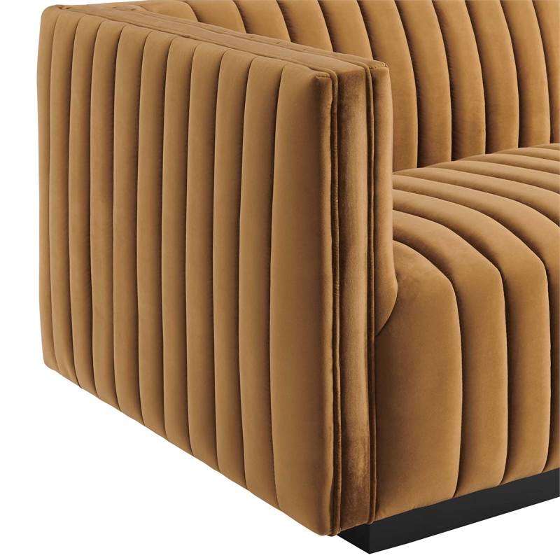 Maklaine Modern Channel Tufted Velvet Left-Arm Chair in Cognac Brown