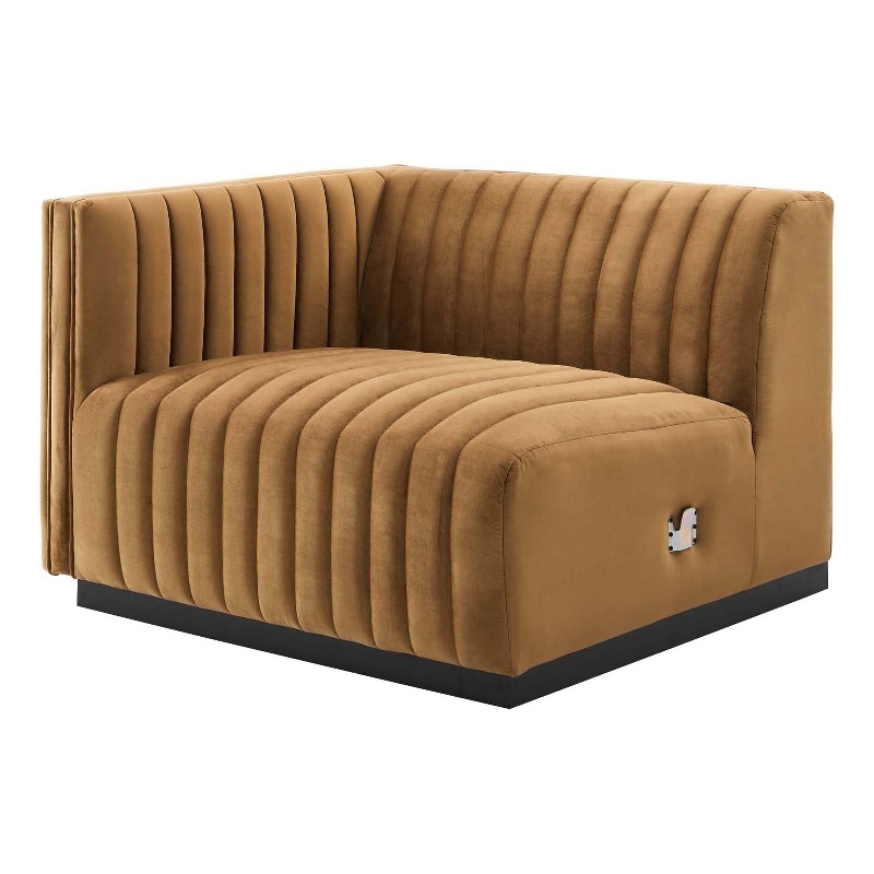Maklaine Modern Channel Tufted Velvet Left-Arm Chair in Cognac Brown