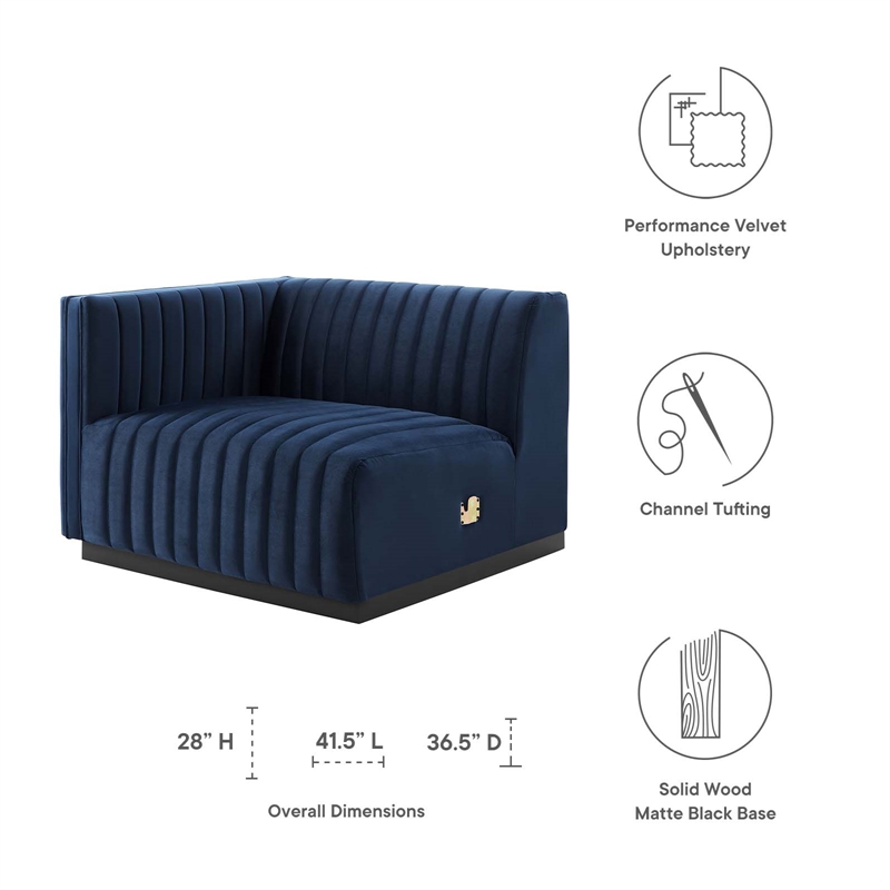 Maklaine Modern Channel Tufted Velvet Left-Arm Chair in Midnight Blue