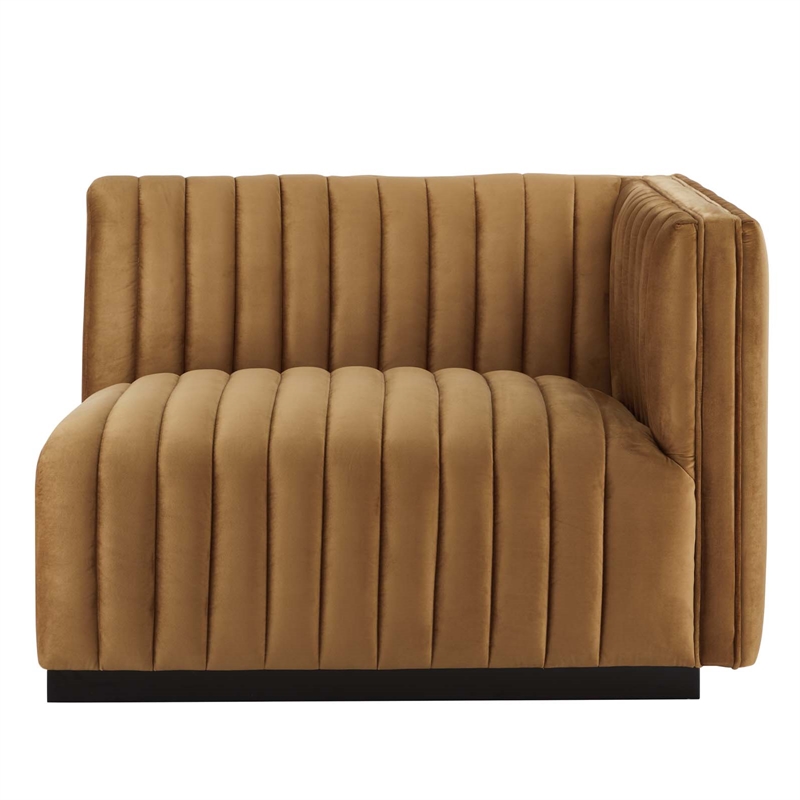 Maklaine Modern Channel Tufted Velvet Right-Arm Chair in Cognac Brown