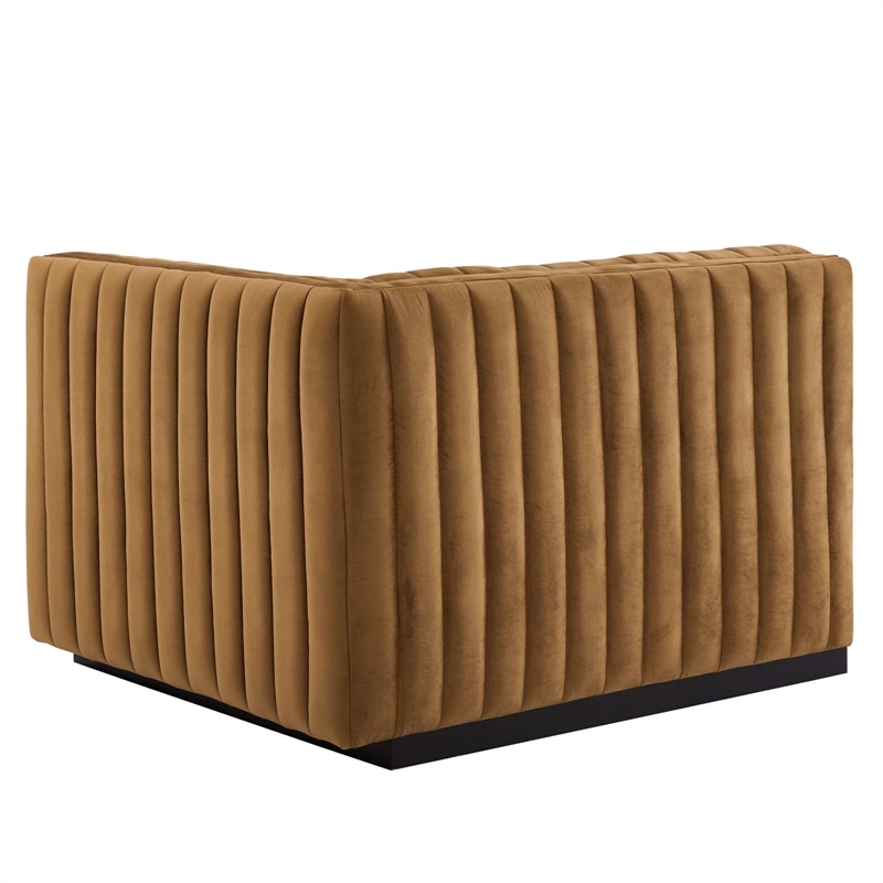 Maklaine Modern Channel Tufted Velvet Right-Arm Chair in Cognac Brown