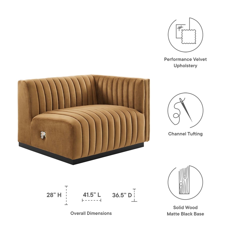 Maklaine Modern Channel Tufted Velvet Right-Arm Chair in Cognac Brown