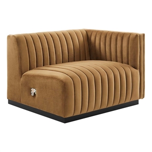 Maklaine Modern Channel Tufted Velvet Right-Arm Chair in Cognac Brown