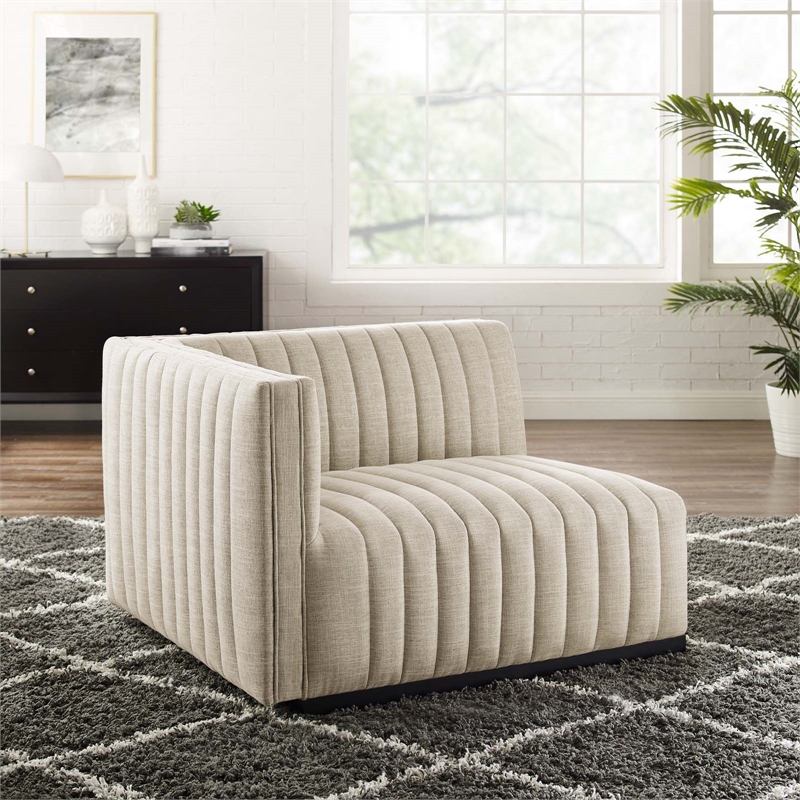 Maklaine Modern Channel Tufted Fabric Left-Arm Chair in Beige