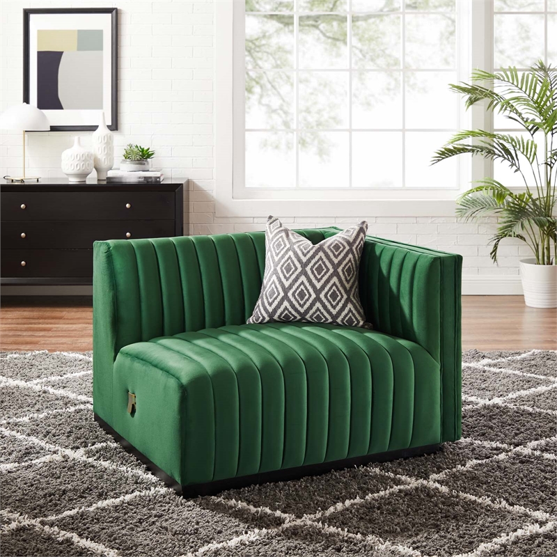 Maklaine Modern Channel Tufted Velvet Right-Arm Chair in Emerald Green