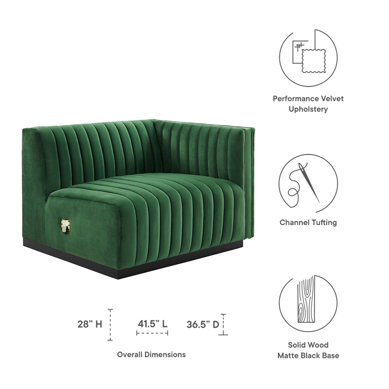Maklaine Modern Channel Tufted Velvet Right-Arm Chair in Emerald Green