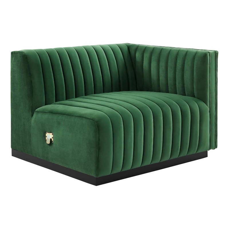 Maklaine Modern Channel Tufted Velvet Right-Arm Chair in Emerald Green