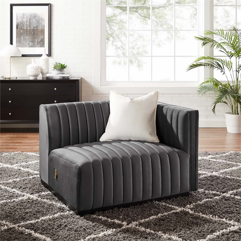 Maklaine Modern Channel Tufted Velvet Right-Arm Chair in Gray