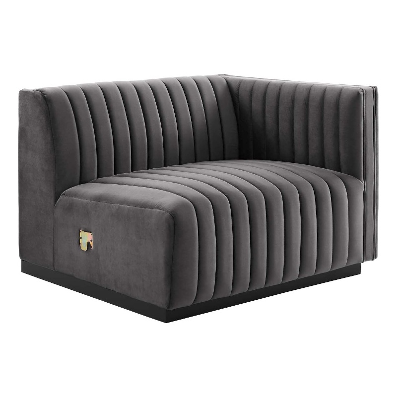 Maklaine Modern Channel Tufted Velvet Right-Arm Chair in Gray