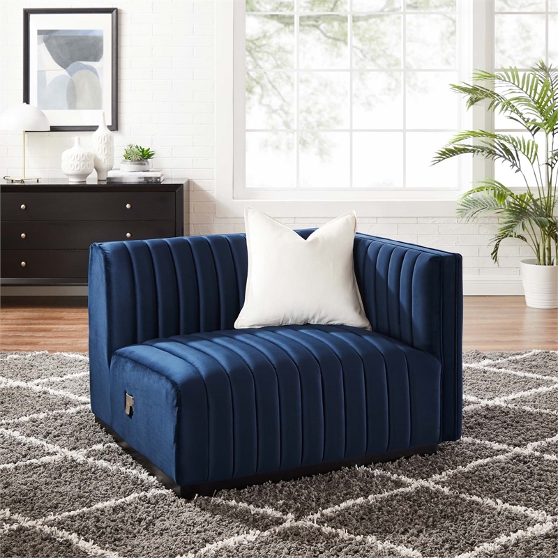 Maklaine Modern Channel Tufted Velvet Right-Arm Chair in Midnight Blue
