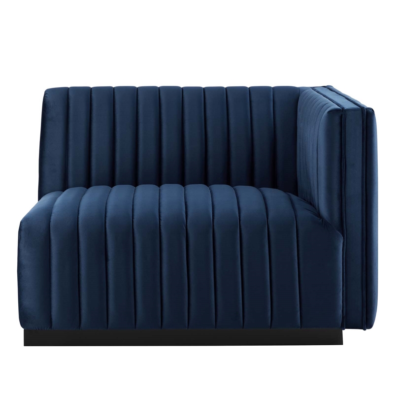 Maklaine Modern Channel Tufted Velvet Right-Arm Chair in Midnight Blue