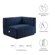 Maklaine Modern Channel Tufted Velvet Right-Arm Chair in Midnight Blue