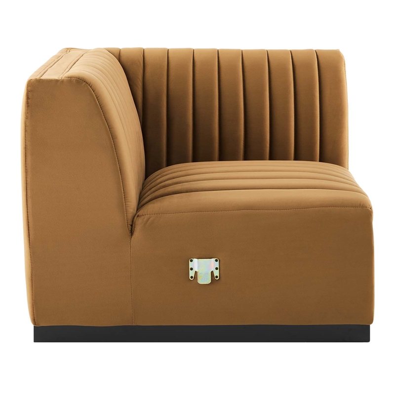 Maklaine Modern Channel Tufted Velvet Right Corner Chair in Cognac Brown