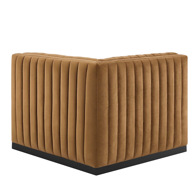 Maklaine Modern Channel Tufted Velvet Right Corner Chair in Cognac Brown