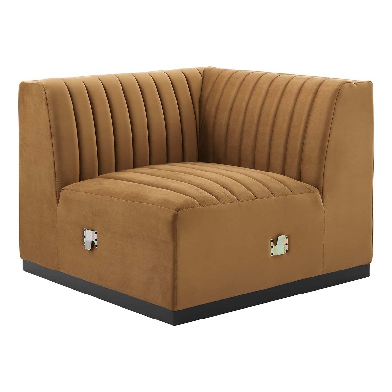 Maklaine Modern Channel Tufted Velvet Right Corner Chair in Cognac Brown