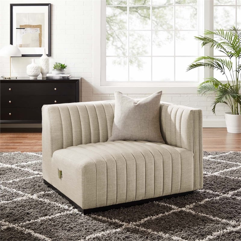 Maklaine Modern Channel Tufted Fabric Right-Arm Chair in Beige
