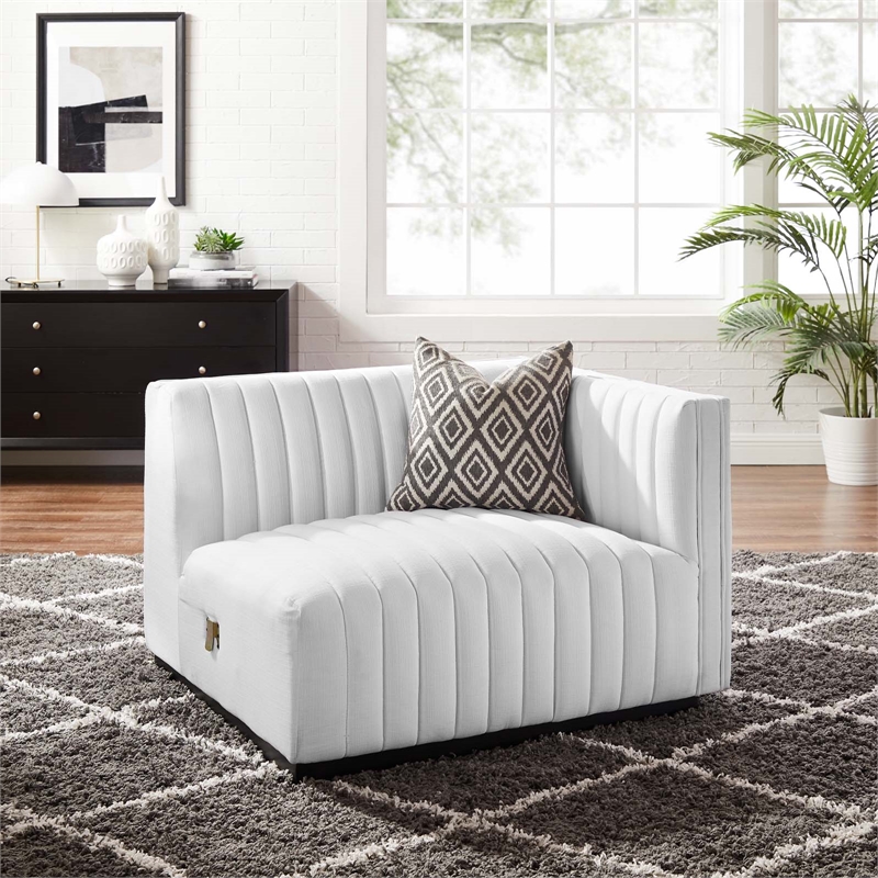 Maklaine Modern Channel Tufted Fabric Right-Arm Chair in White