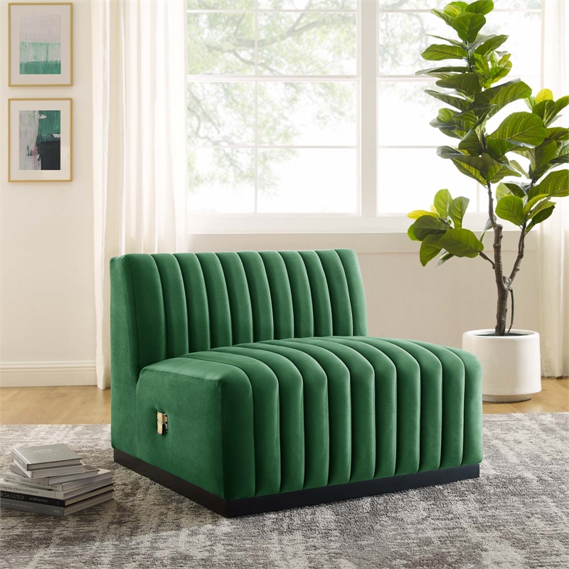 Maklaine Modern Channel Tufted Velvet Armless Chair in Emerald Green