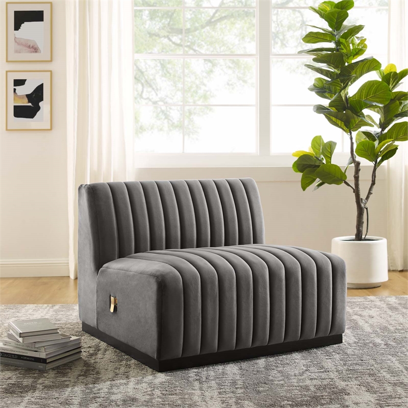 Maklaine Contemporary Channel Tufted Velvet Armless Chair in Gray
