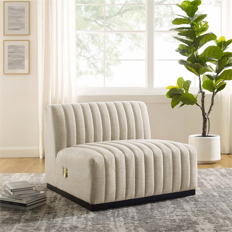 Maklaine Modern Channel Tufted Fabric Armless Chair in Beige/Black