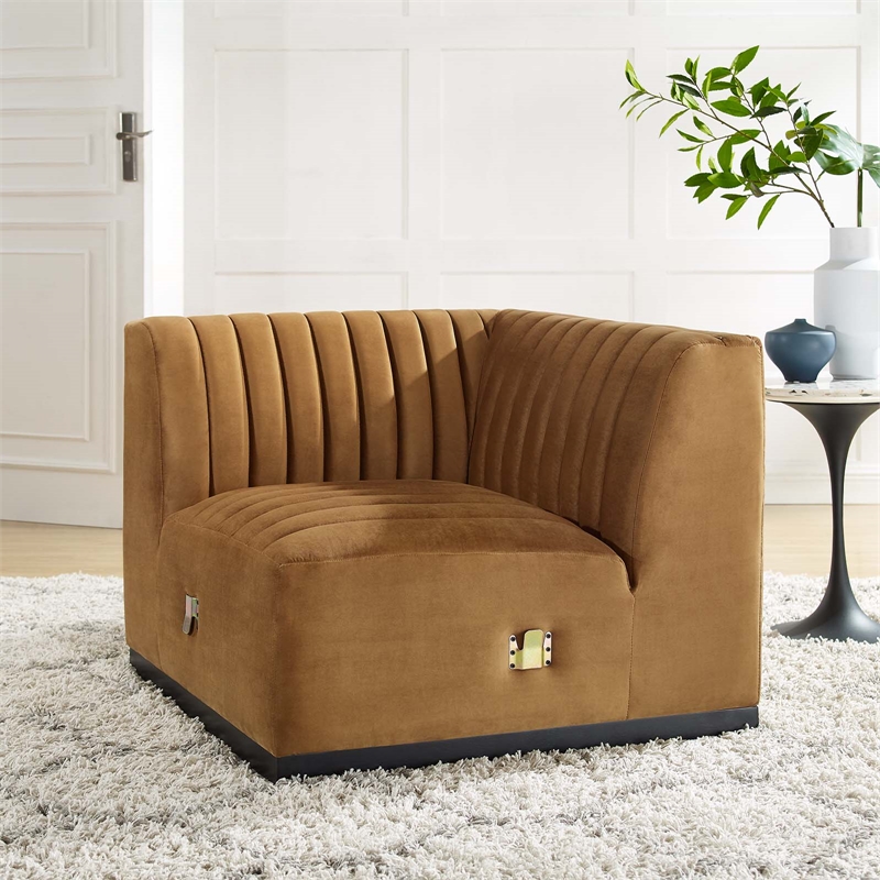 Maklaine Modern Channel Tufted Velvet Left Corner Chair in Cognac Brown