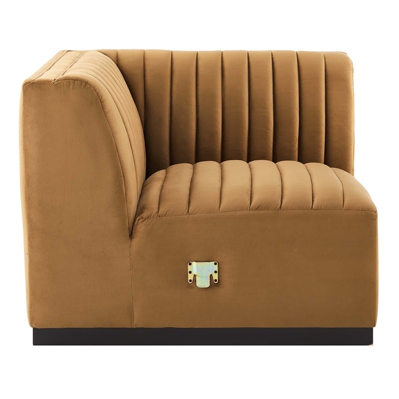 Maklaine Modern Channel Tufted Velvet Left Corner Chair in Cognac Brown