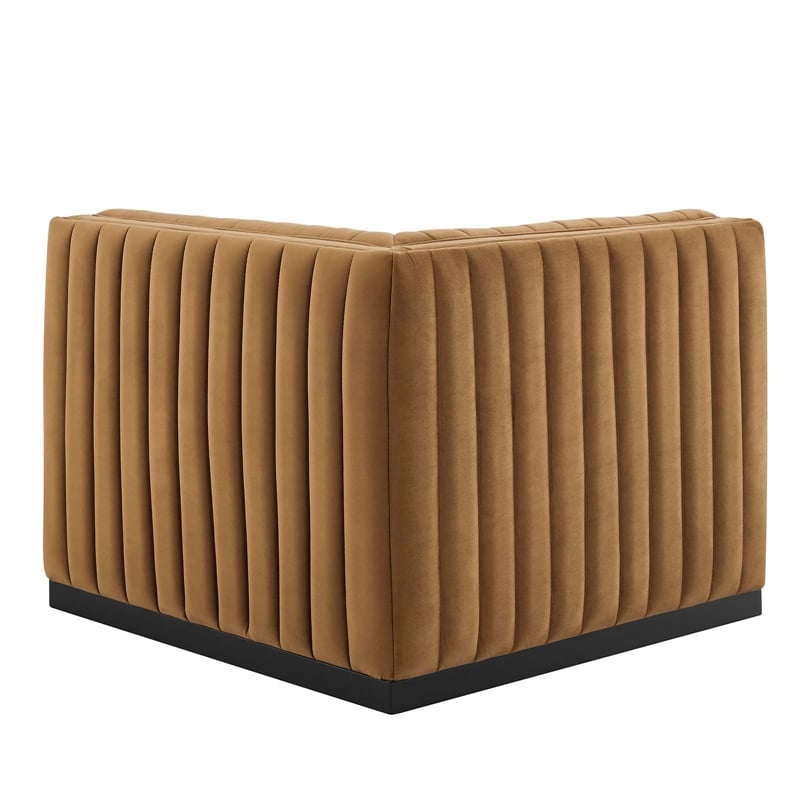Maklaine Modern Channel Tufted Velvet Left Corner Chair in Cognac Brown