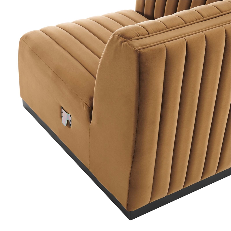 Maklaine Modern Channel Tufted Velvet Left Corner Chair in Cognac Brown