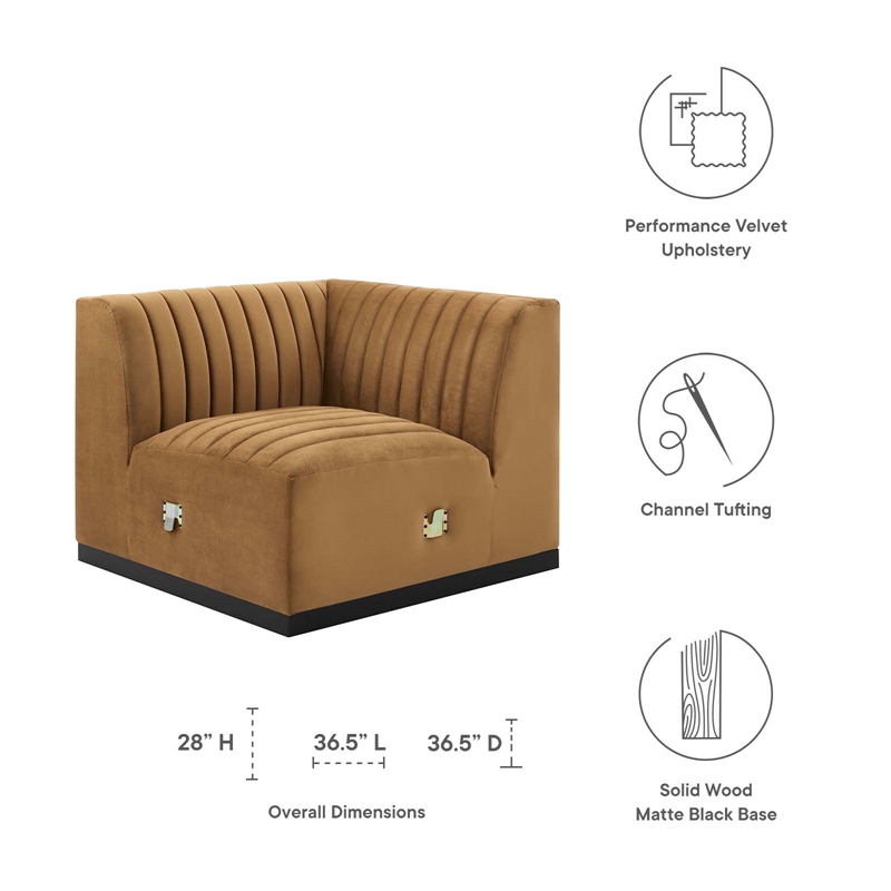 Maklaine Modern Channel Tufted Velvet Left Corner Chair in Cognac Brown