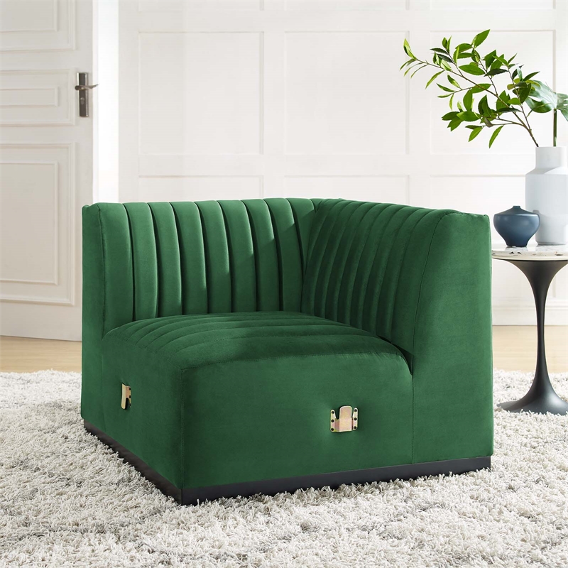 Maklaine Modern Channel Tufted Velvet Left Corner Chair in Emerald Green